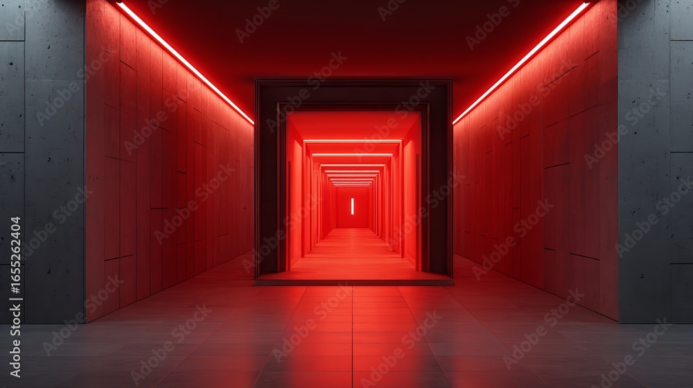 Poster red neon light corridor modern architecture interior design dark concrete walls futuristic tunnel re