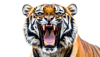 Obraz premium A close-up portrait of a tiger with a powerful, open mouth, showcasing sharp teeth and a vibrant orange and black striped pattern against a plain white background.