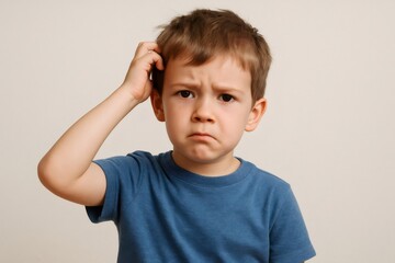 Portrait of a thoughtful child scratching his head with a confused expression against a neutral background