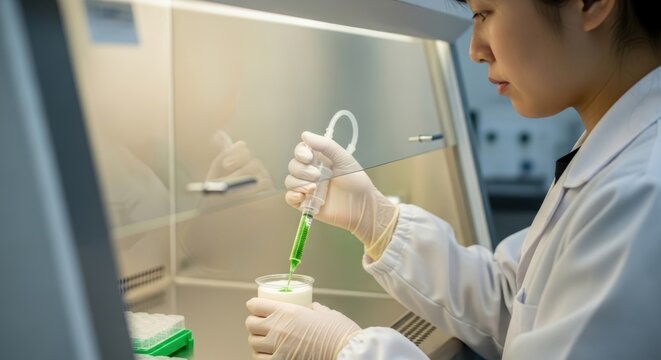 Asian female scientist conducts laboratory experiment with precision pipetting technique