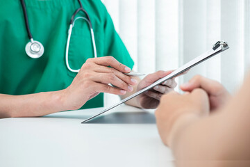 Doctor and patient are discussing consultation about symptom problem diagnosis of disease talk to the patient about medication and treatment method