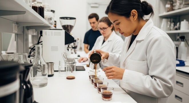 Asian female barista conducting coffee cupping quality test in laboratory setting