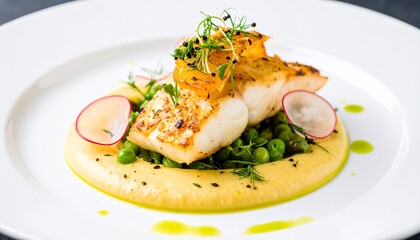 Smoked Cod with Pea Puree and Pickled Radish. Scandinavian Fine Dining