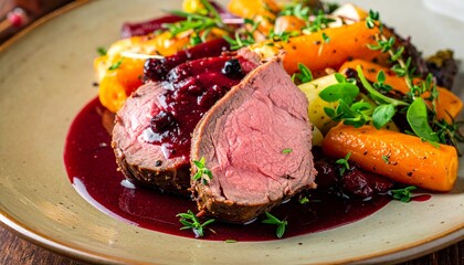 Venison Tenderloin with Juniper Berry Sauce and Root Vegetables. Scandinavian Fine Dining