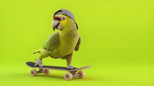 Playful Parrot Wearing a Cap and Riding a Skateboard. This image is perfect for themes of animal humor, unique hobbies, urban lifestyle, or toy promotions for social media content.