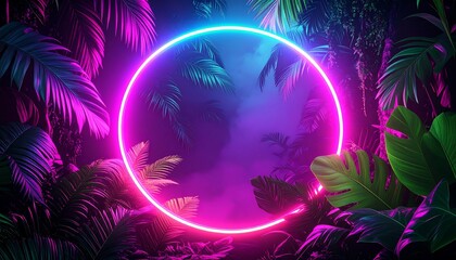 Vibrant neon circle framed by tropical foliage in a dark, vibrant setting.