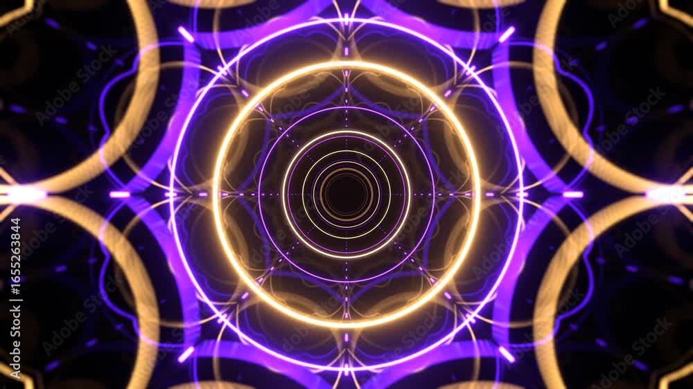 Poster abstract symmetrical pattern of glowing neon rings and intricate lines creating a futuristic tunnel 