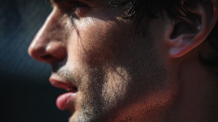 Obraz premium Close-up side profile of a tennis player in half shadow, strong jawline, textured lighting, focus and solitude before match
