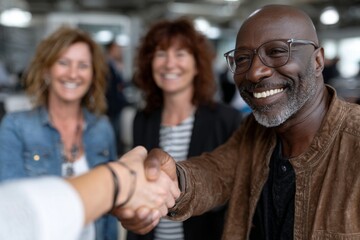 Fototapeta premium A joyful group of professionals smiles while one person shakes hands with another, illustrating a moment of connection at a networking event Generative AI