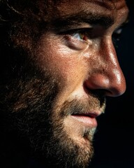 Obraz premium Close-up side profile of a tennis player in half shadow, strong jawline, textured lighting, focus and solitude before match