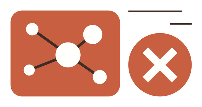 Node network diagram with connecting lines and dots beside a large cancel mark. Ideal for error, failure, cancellation, warning, technology, connectivity, simple flat metaphor