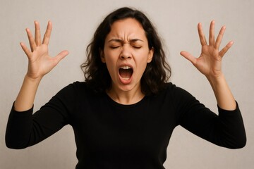 Studio shot of a woman screaming with closed eyes and raised hands, expressing anger and frustration on a neutral background