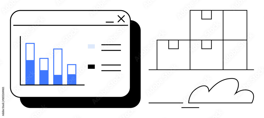 Aufkleber bar chart analyzing data in a window, stack of boxes symbolizing inventory, and cloud representing s