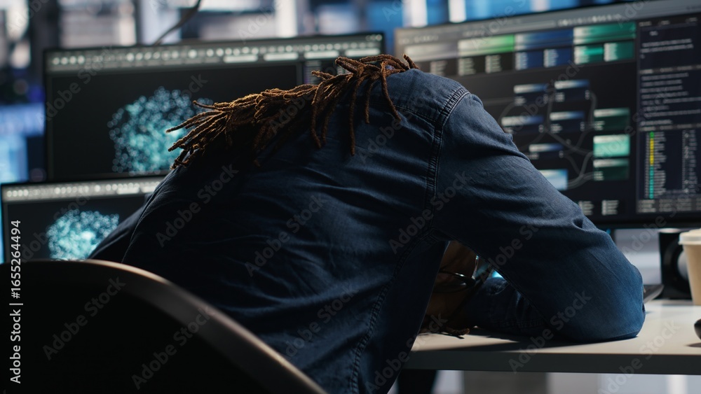 Poster irritated data center engineer punching desk, irked by glitches while using algorithms to analyze da