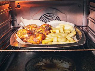 Metal tray with cooked marinated chicken drumsticks and chips. Simple tasty food. Small dinner for...