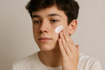 Young man applying face cream as part of his daily skincare routine, promoting healthy, clean, and clear skin while combating acne