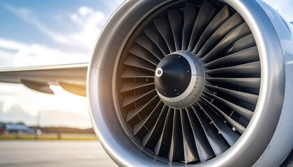 Airplane Engine Turbine Closeup  Aviation Industry with Sky Backdrop.