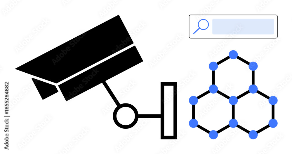 Aufkleber security camera symbol beside a network of interconnected nodes and a search bar, representing data 
