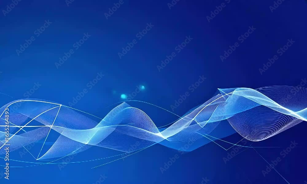 Aufkleber dynamic abstract animation of flowing digital waves and glowing network lines on a deep blue backgro