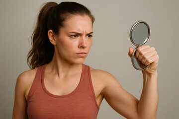 Young woman wearing sportswear looking at her biceps in a small mirror with a serious expression