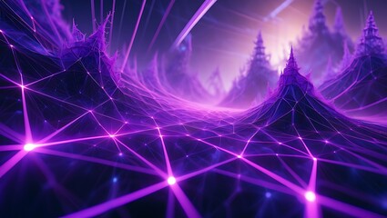 Abstract Digital Landscape with Purple Network Grids and Glowing Lights