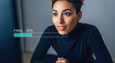 Focused young Black woman monitors digital progress bar