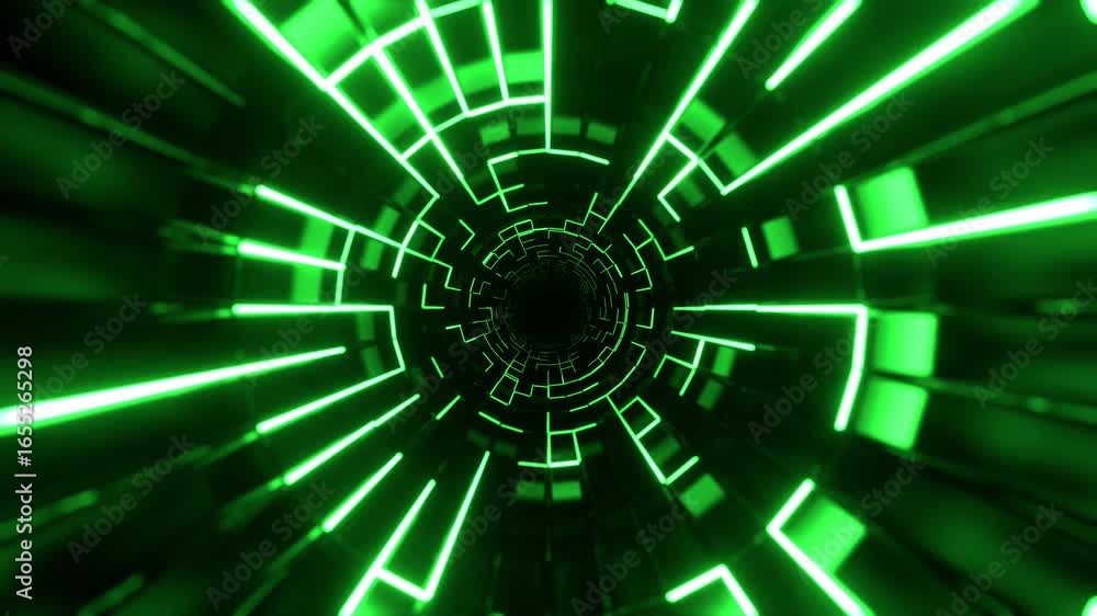 Poster a journey through a futuristic, glowing green digital tunnel with complex circuit-like patterns.