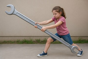 Young girl using all her strength to lift a giant wrench, symbolizing challenging tasks and overcoming obstacles