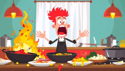 A cartoon chef stares in horror at a kitchen disaster with a blazing stovetop.