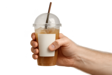 Hand holding iced coffee in clear plastic cup with straw, isolated subject.