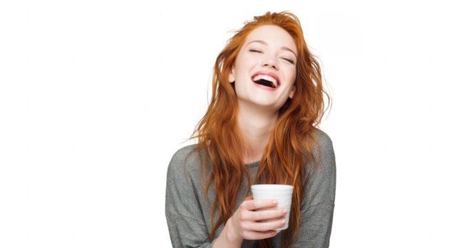 a beautiful, smiling redheaded woman holding a coffee cup, jpeg, png, transparent