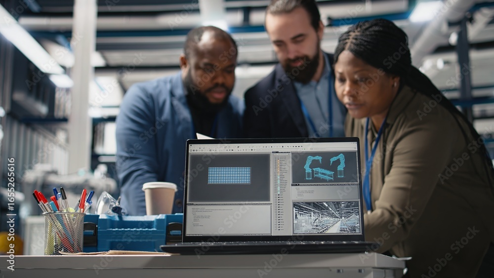 Poster group of industry experts engineers examining solar panel systems during a production inspection, en