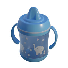 A blue baby sippy cup with handles featuring a playful elephant design isolated on transparent background