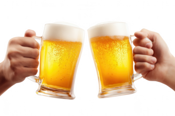 Two hands clinking two beer mugs, jpeg, png, transparent
