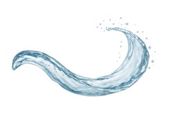 Dynamic water splash wave with droplets isolated on a transparent background.