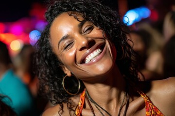 A joyful woman with curly hair smiles brightly at a lively outdoor party filled with colorful lights and excited people during a warm evening celebration Generative AI