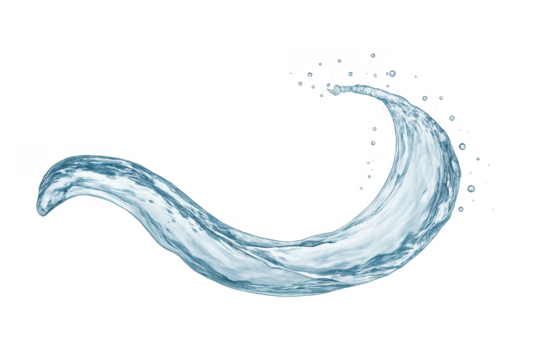 Dynamic water splash wave with droplets isolated on a transparent background.