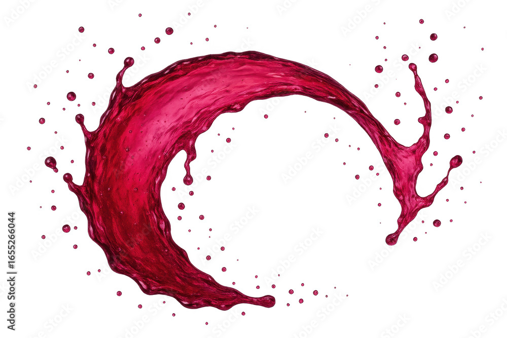 Poster dynamic red liquid splash arc with flying droplets isolated on transparent background