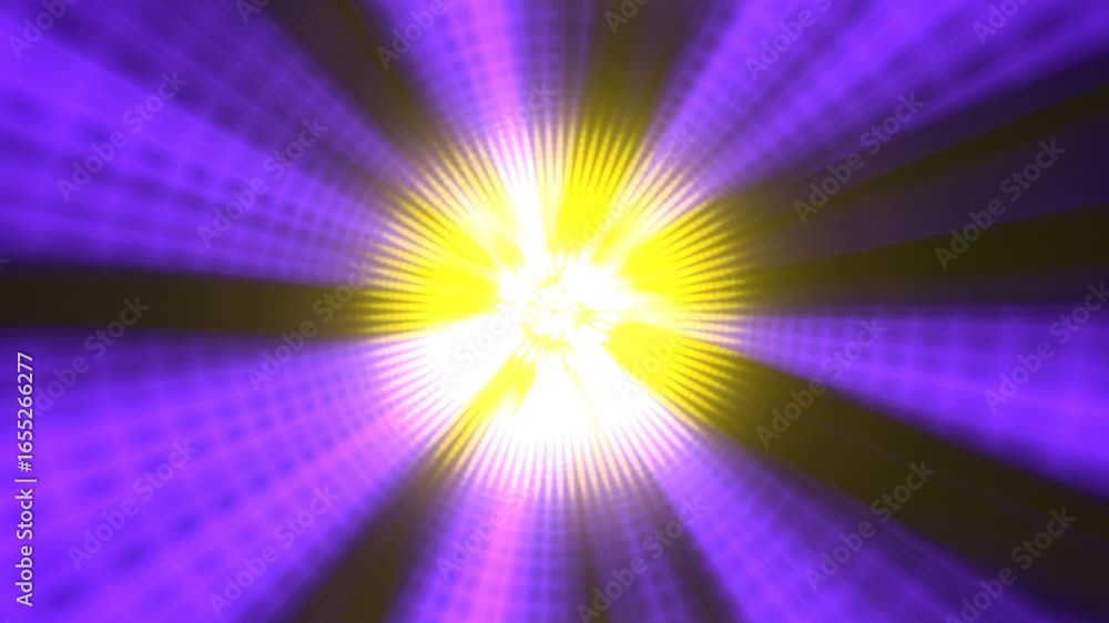 Poster abstract image of a bright yellow light source radiating outwards with purple rays and a blurred, dy