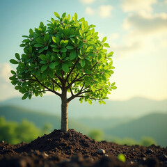 Vibrant Young Tree Growing in Fertile Soil Under a Bright Sky with Mountains in the Background