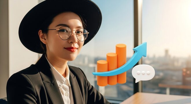 Confident Asian businesswoman in glasses and hat smiling in modern office with rising chart