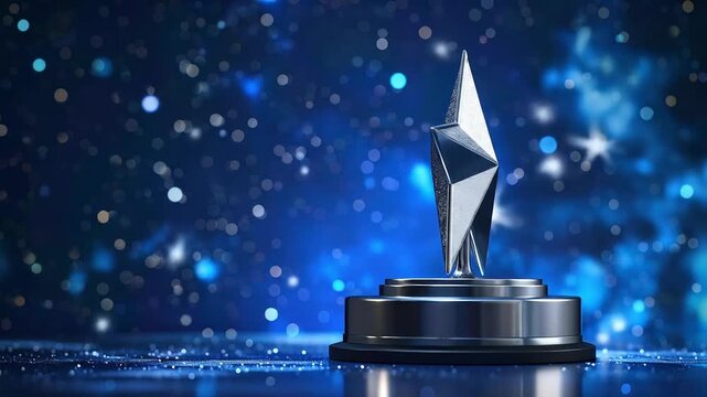 Elegant Silver Star Trophy On a Reflective Surface Against a Dark Blue Bokeh Background Achieving Excellence And Success In The Night Time