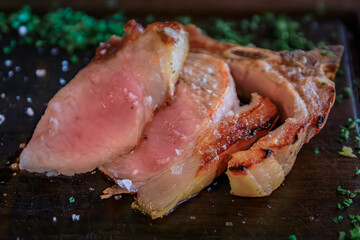 Luxurious Pata Negra pork chop from a high end steakhouse in Zurich