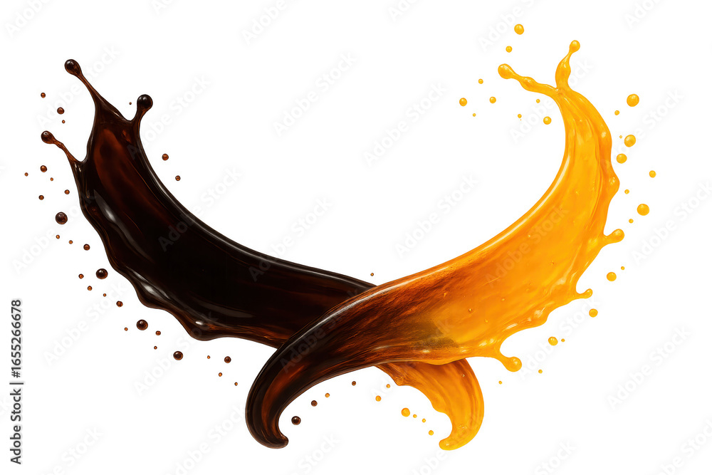 Poster dynamic splashes of dark and orange liquid intertwining on transparent background