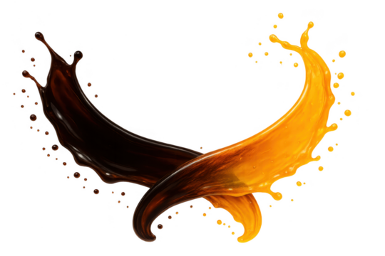 Dynamic splashes of dark and orange liquid intertwining on transparent background
