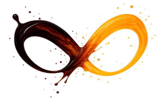 Dynamic coffee and orange liquid splashes forming an infinity symbol, transparent.