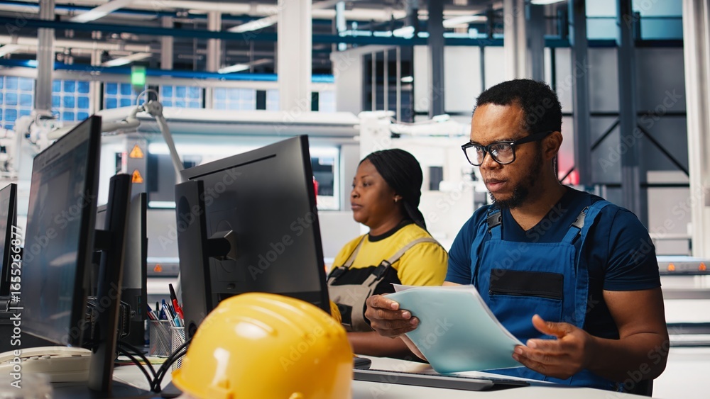 Poster black engineer implements automation logic in solar factory software, working on manufacturing solar