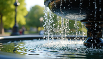 Serene Park Fountain with Cascading Water in a Lush Green Setting