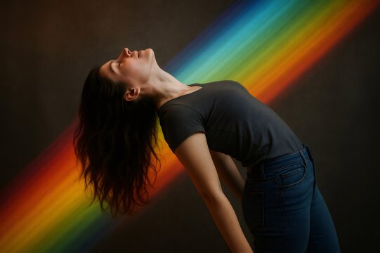 Dancer bending backward with long hair flowing down with rainbow colors projected on a dark background