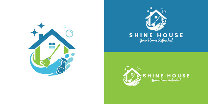 The logo features a modern house design, complemented by a broom and a spray bottle, set against dynamic waves and bubbles. This design symbolizes an efficient residential cleaning service.